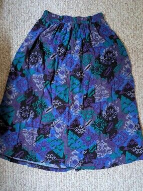 Women's Geometric Purple & Teal Patterned Elastic-Waist Skirt, Size Small